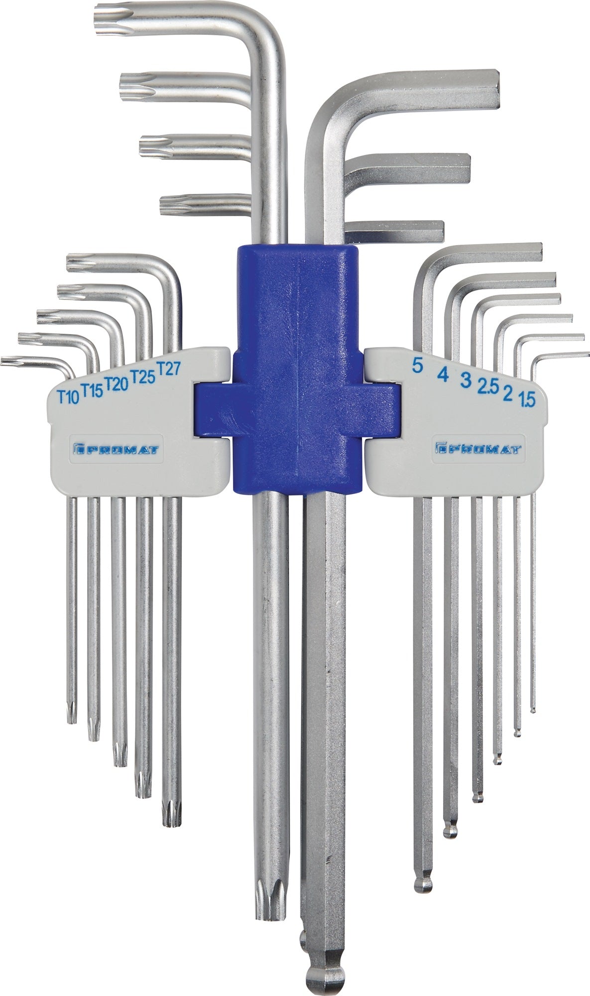 PROMAT Winkelschraubendrehersatz 18-teilig, SW 1,5-10 mm & T10-T50, S2-Stahl, Kunststoffhalter