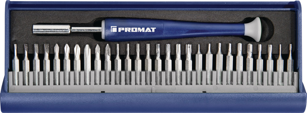 PROMAT Feinmechanikerbitset 29-teilig mit Wechselbits in Kunststoffkassette – S2-Stahl