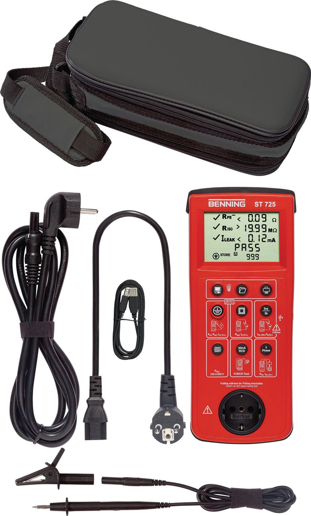 BENNING Gerätetester ST 725 – Batterie-/Netzbetrieb, VDE 0701/0702, 999 Speicherplätze