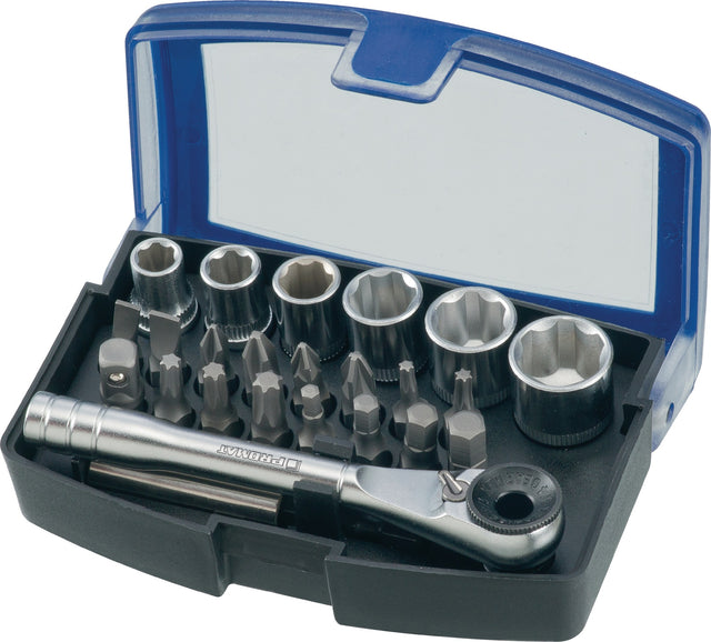 PROMAT Bit- und Steckschlüsselset 24-teilig: Schlitz, PH, PZD, TORX, Innensechskant, Knarre, 6 Nüsse