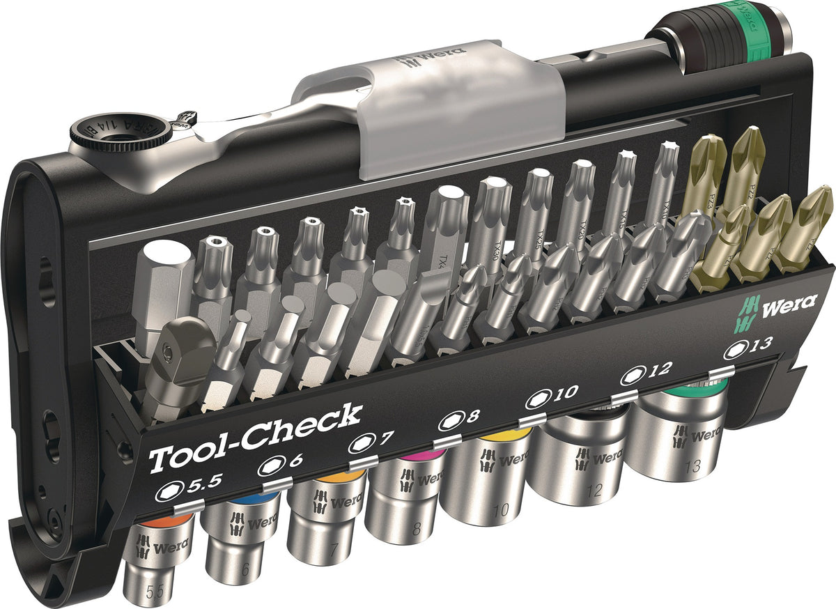 WERA Tool-Check 1 Bit- und Steckschlüsselset 38-teilig – Schlitz, PH, PZD, TORX, Knarre, 7 Nüsse