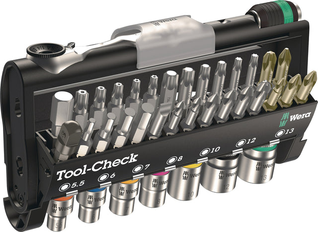 WERA Tool-Check 1 Bit- und Steckschlüsselset 38-teilig – Schlitz, PH, PZD, TORX, Knarre, 7 Nüsse