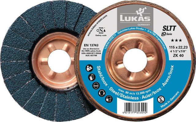 LUKAS Fächerscheibe SLTT ZK Ø 115 mm Körnung 40 Zirkonkorund für Edelstahl Stahl Aluminium