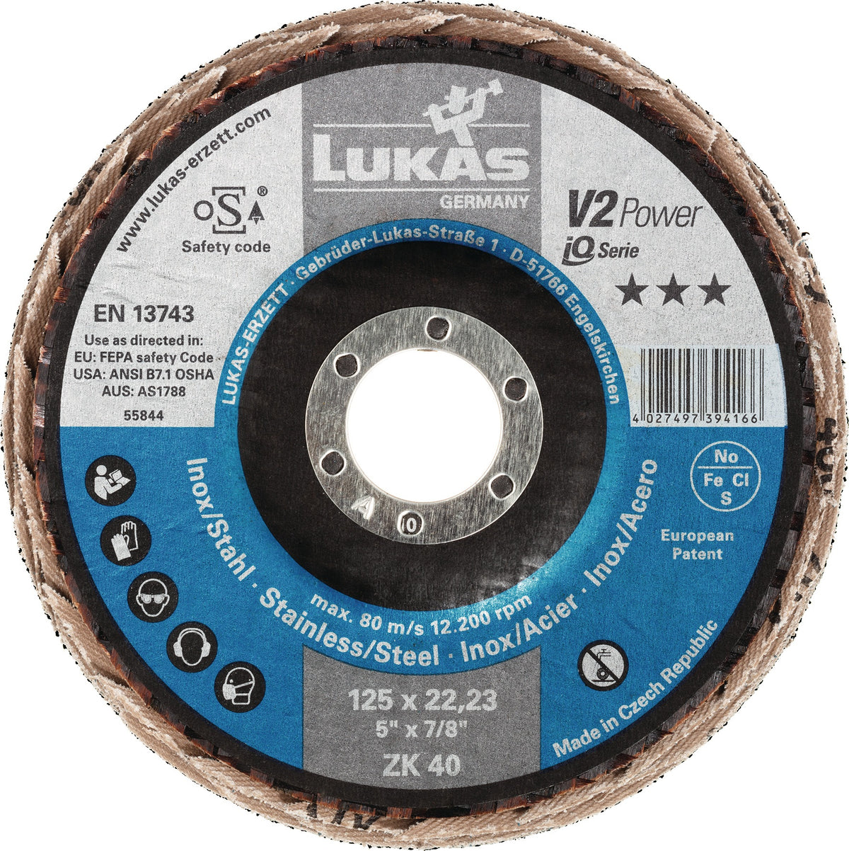 LUKAS Fächerscheibe V2 POWER ZK Ø125 mm Körnung 40 Zirkonkorund für Stahl und Edelstahl
