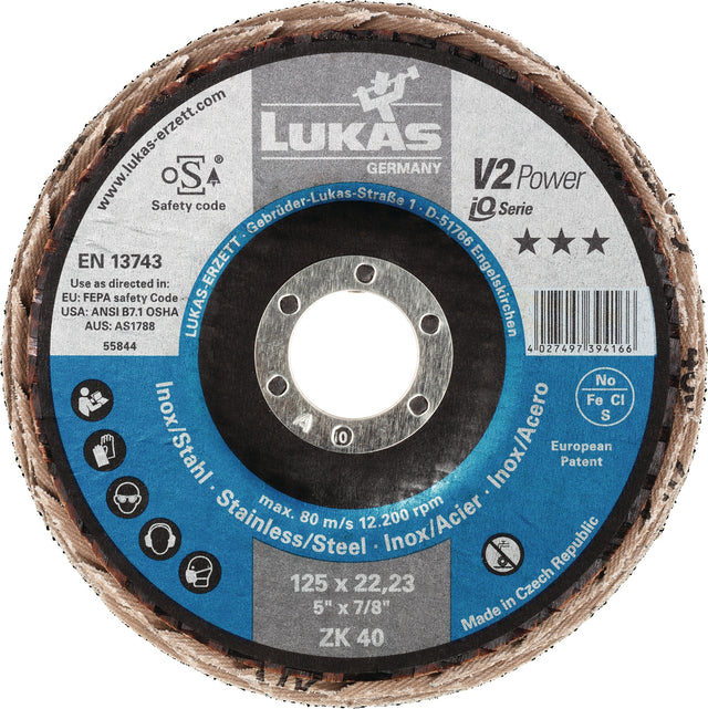 LUKAS Fächerscheibe V2 POWER ZK Ø125 mm Körnung 40 Zirkonkorund für Stahl und Edelstahl