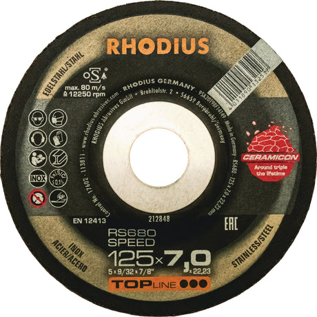 RHODIUS Schruppscheibe RS 680 SPEED D125xS7mm gekröpft – Keramikkorn für INOX & Stahl
