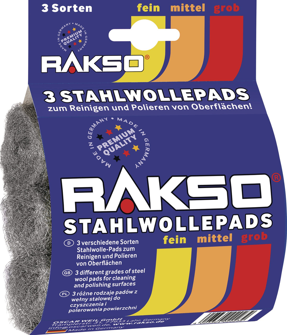 RAKSO Stahlwollepad Set fein/mittel/grob 00/1/3 – 3x16g für Holz, Lack, Stahl, Stein, Aluminium