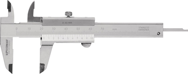 PROMAT Taschenmessschieber DIN 862 70 mm mit Feststellschraube – Analog, mattverchromte Skala