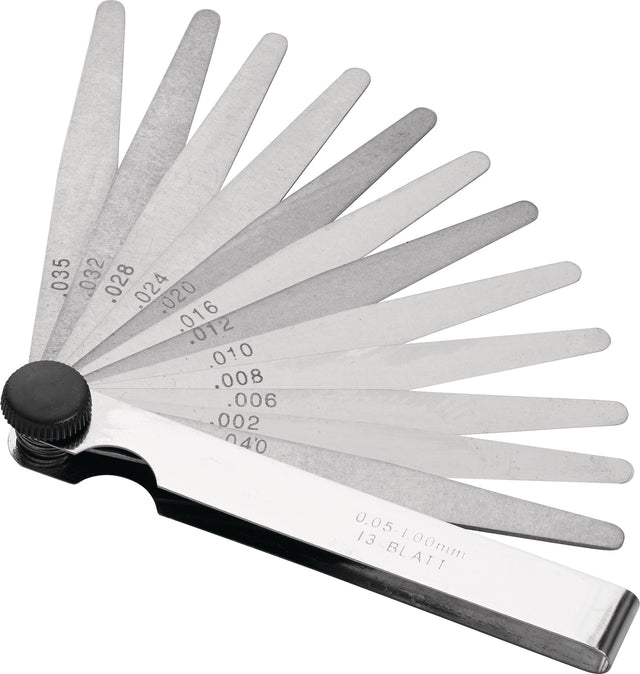 PROMAT Fühlerlehre Blatt-Stahl 0,05-0,5 mm, 8 Blatt, 100 mm Länge, konische Blättchen