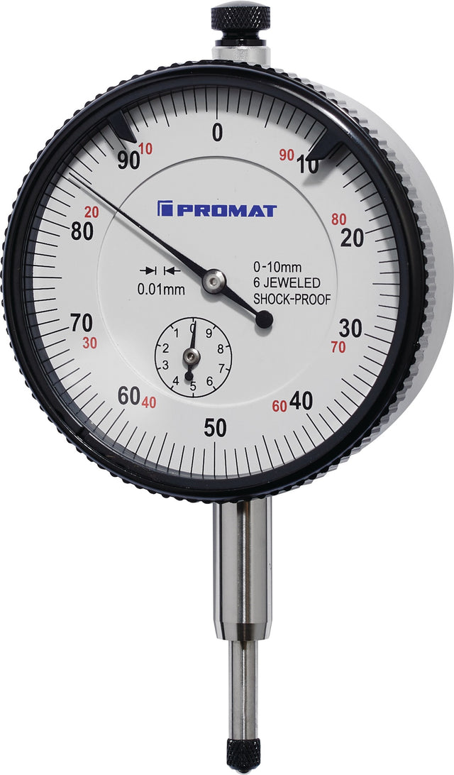 PROMAT Messuhr DIN 878 10 mm Ablesung 0,01 mm mit Stoßschutz – Analoges Präzisionsmessgerät