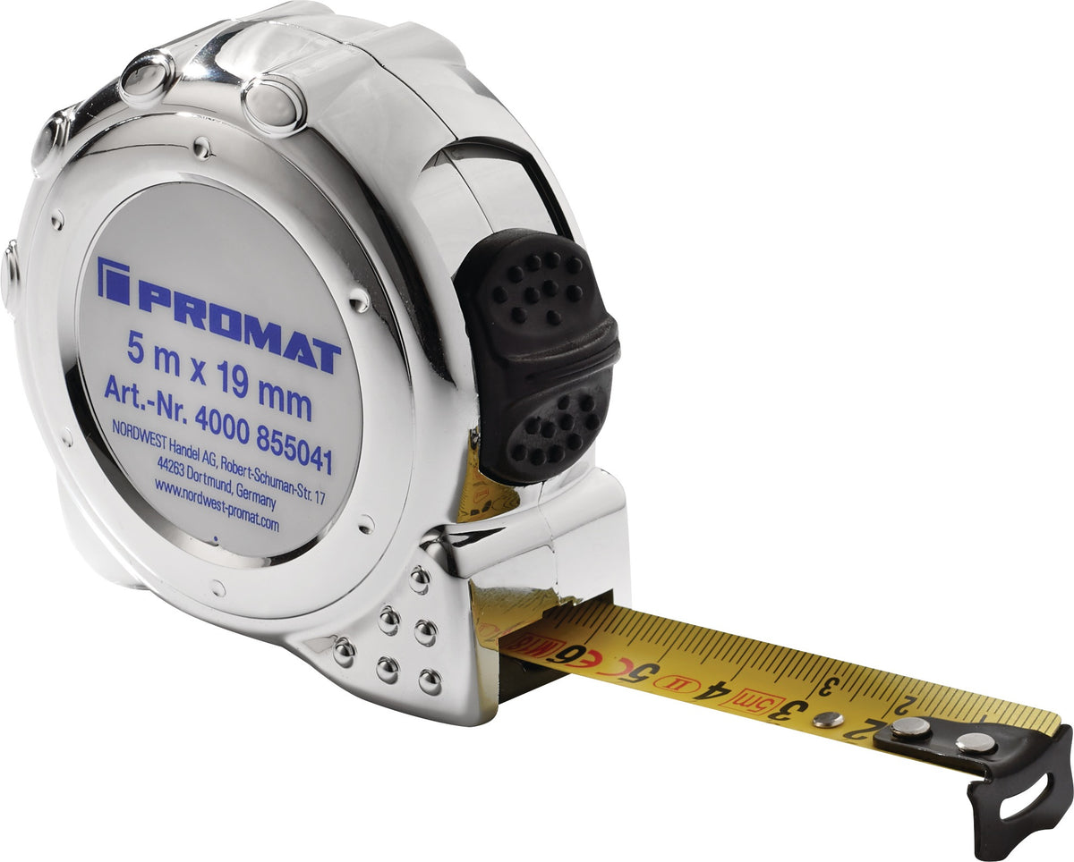 PROMAT Taschenrollbandmaß 3 m, 16 mm Band, mm/cm Teilung, EG II Genauigkeit, verchromtes Kunststoffgehäuse