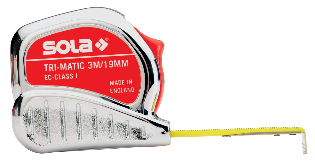 SOLA Taschenrollbandmaß TRI-MATIC 3 m, 13 mm Band, mm/cm, EG I, Stopptaste, Gürtelclip
