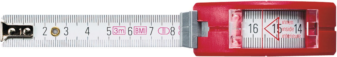 BMI Taschenrollbandmaß VISO 3 m, 16 mm Bandbreite, mm/cm Teilung, EG II Genauigkeit, Polyamid-Gehäuse mit Sichtfenster