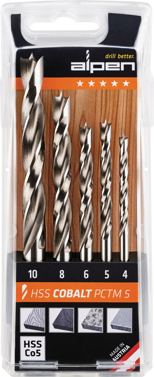 ALPEN Holzspiralbohrersatz PCTM 5-teilig HSS-Co5 Ø 4–10 mm für Weich- und Hartholz