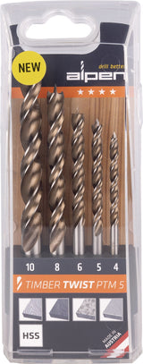 ALPEN TIMBER TWIST Holzspiralbohrer-Satz 5-teilig Ø 4, 5, 6, 8, 10 mm für ausrissfreies Bohren