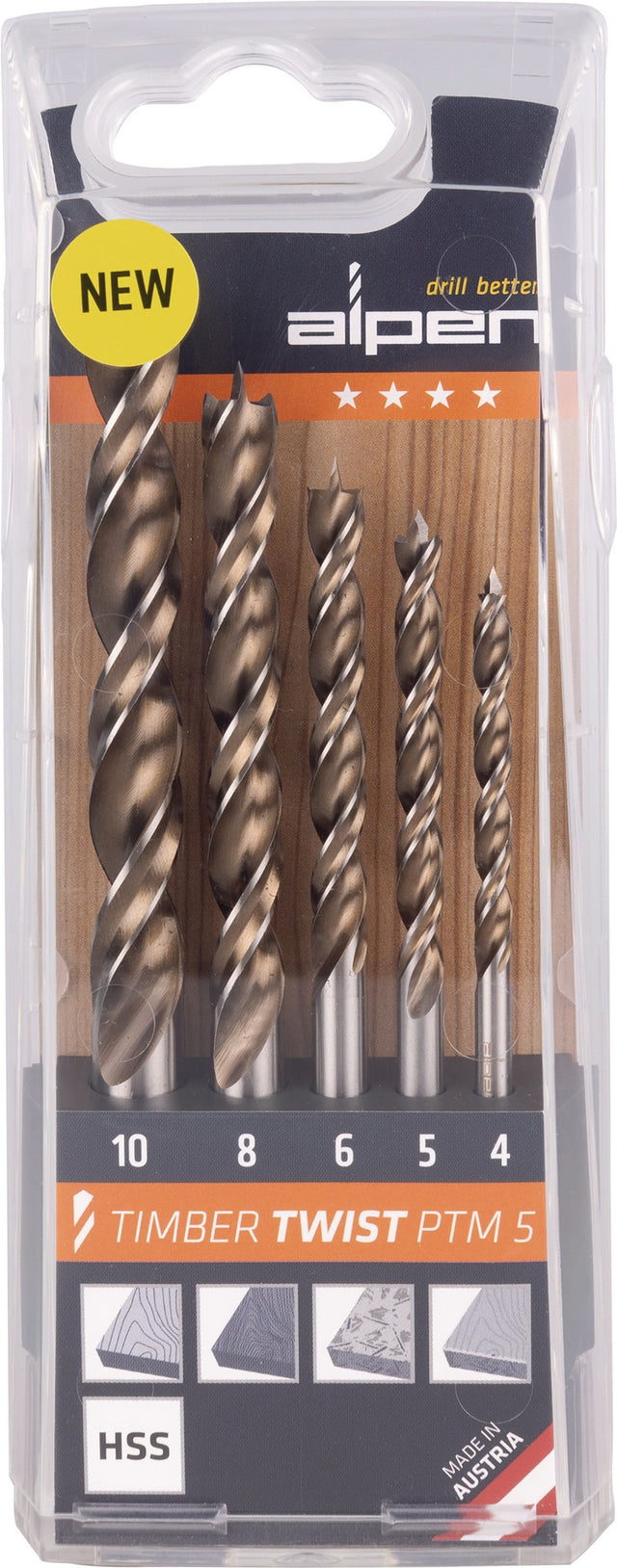 ALPEN TIMBER TWIST Holzspiralbohrer-Satz 5-teilig Ø 4, 5, 6, 8, 10 mm für ausrissfreies Bohren