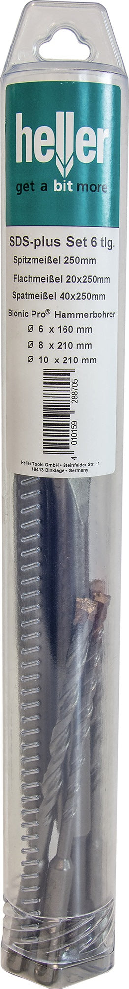 HELLER Einsteckwerkzeugset SDS-plus 6-teilig mit Spitz-, Flach- und Spatmeißel + SDS-Bohrer
