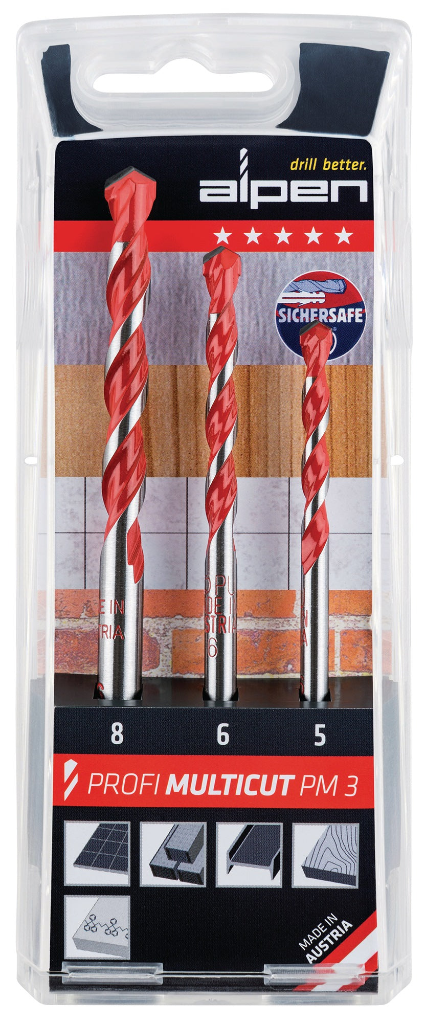 ALPEN Profi Multicut Universalbohrer-Set 3-teilig 5, 6, 8 mm – für Fliesen, Mauerwerk, Metall, Holz