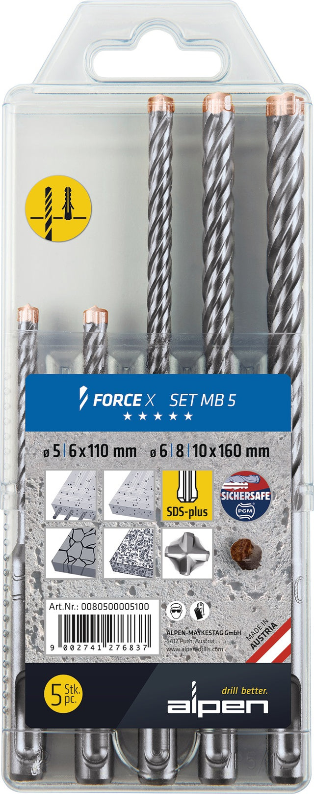 ALPEN Hammerbohrer-Satz Force X 5-teilig SDS-plus mit Vollhartmetall-Schneiden in Kunststoffbox