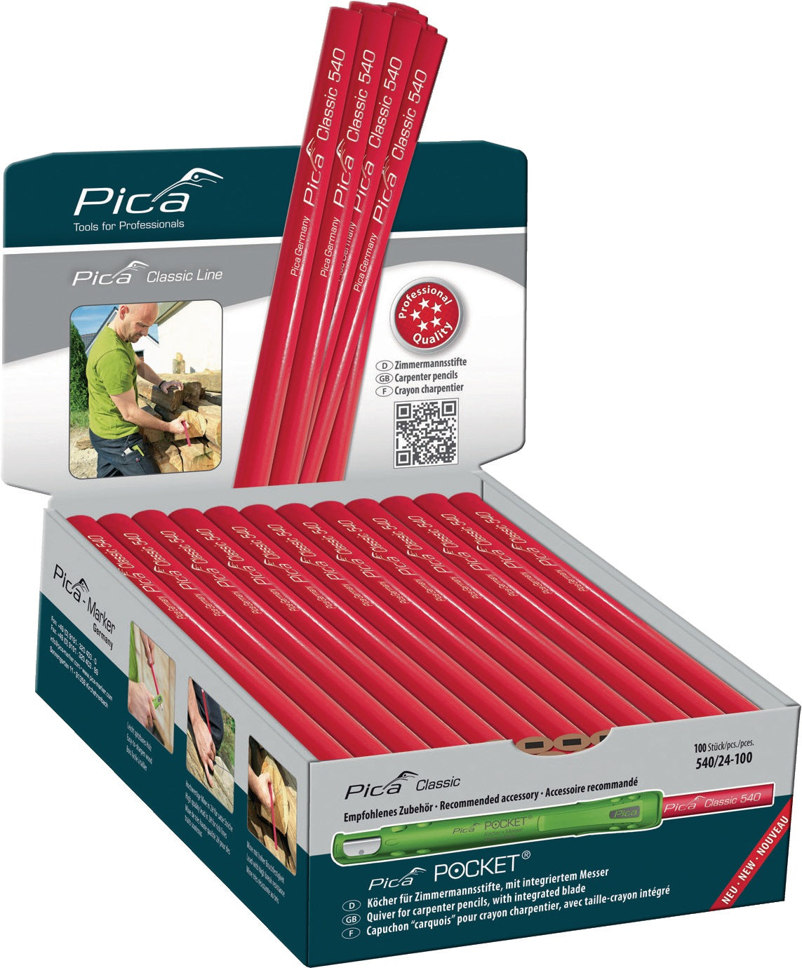 Zimmermannsbleistift Pica Classic 540 2H ovale Form 24 cm rot Packung mit 100 Stück