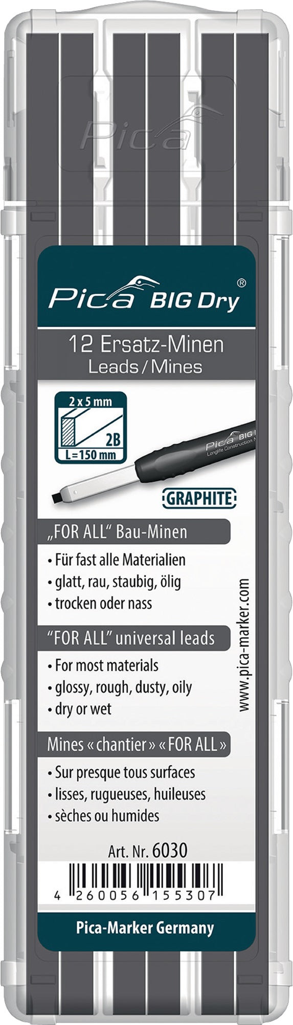 Pica BIG-Dry Ersatzminen 12er-Set graphit – 2 x 5 mm Rechteckminen für Zimmermannsbleistift