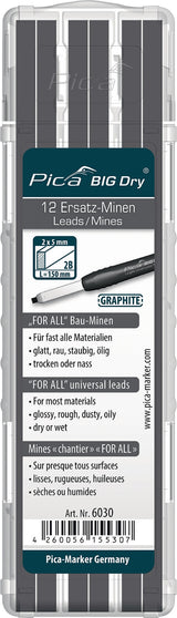 Pica BIG-Dry Ersatzminen 12er-Set graphit – 2 x 5 mm Rechteckminen für Zimmermannsbleistift