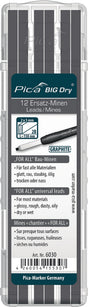 Pica BIG-Dry Ersatzminen 12er-Set graphit – 2 x 5 mm Rechteckminen für Zimmermannsbleistift