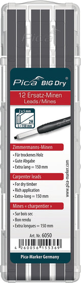Pica BIG-Dry Ersatzminen 12er-Set graphit – 2 x 5 mm Rechteckminen für Zimmermannsbleistift
