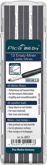Pica BIG-Dry Ersatzminen 12er-Set graphit – 2 x 5 mm Rechteckminen für Zimmermannsbleistift