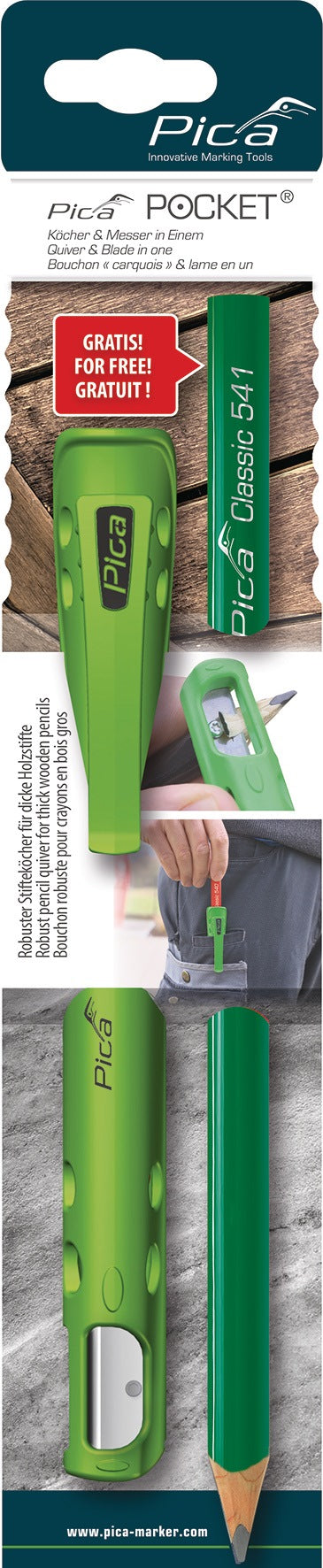 PICA Köcher Pocket für Blei- und Markierstifte mit integriertem Spitzmesser und Zimmermannsbleistift