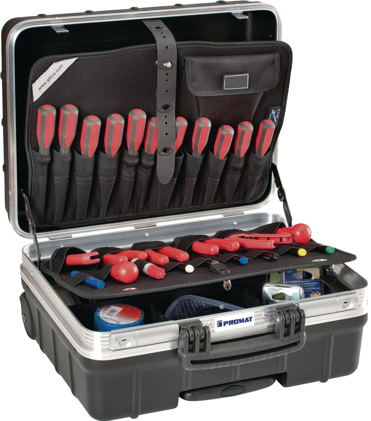 PROMAT Schalenkoffer rollbar 42 l Polypropylen, Alurahmen, 4 Werkzeugtafeln, 25 kg