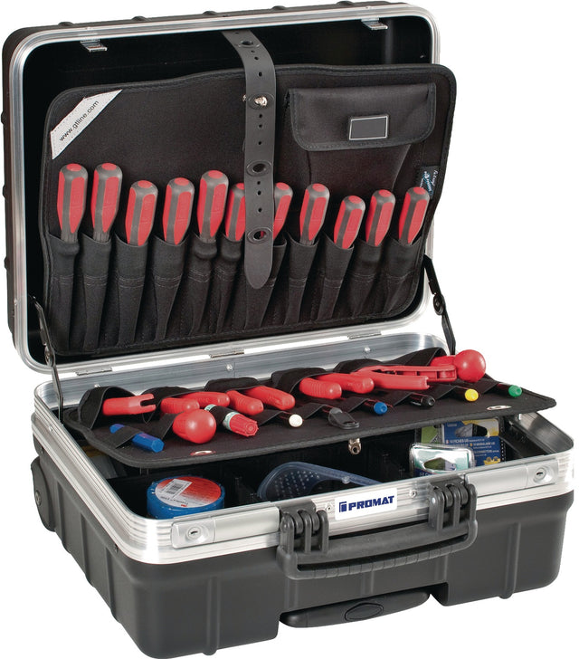 PROMAT Schalenkoffer rollbar 42 l Polypropylen, Alurahmen, 4 Werkzeugtafeln, 25 kg