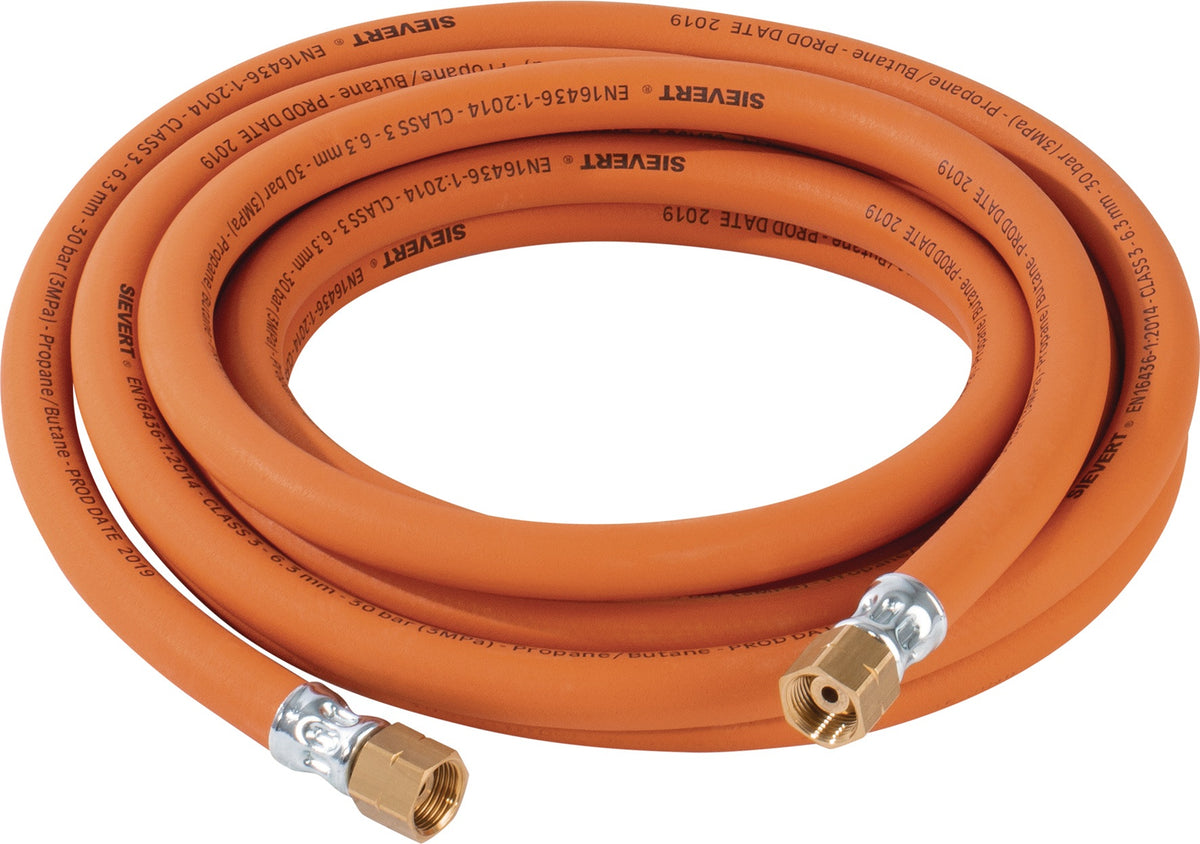SIEVERT Propangasschlauch 5x6,3 mm G3/8" LH x G3/8" LH Hochdruck 5 m – komplett montiert, frostresistent