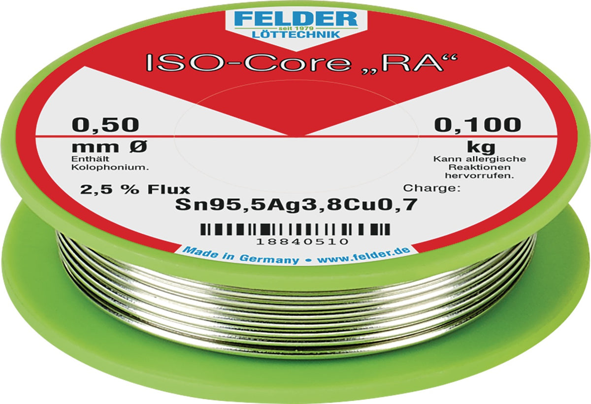 FELDER Lötdraht ISO-Core® RA 0,5 mm 100 g Sn95,5Ag3,8Cu0,7 – Bleifreier Lötdraht für Elektrotechnik