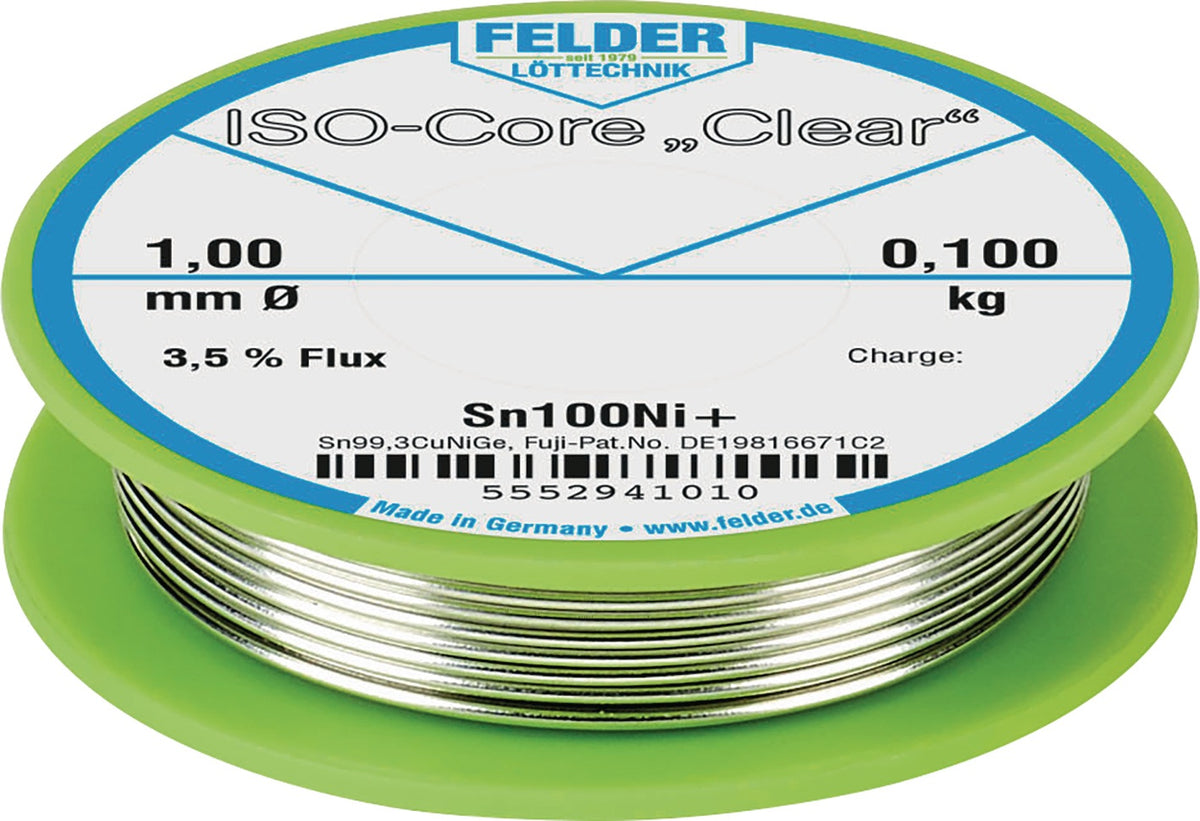 Lötdraht ISO-Core® Clear 1mm 100g Sn100Ni+ FELDER – Bleifrei, Schmelzpunkt 227°C