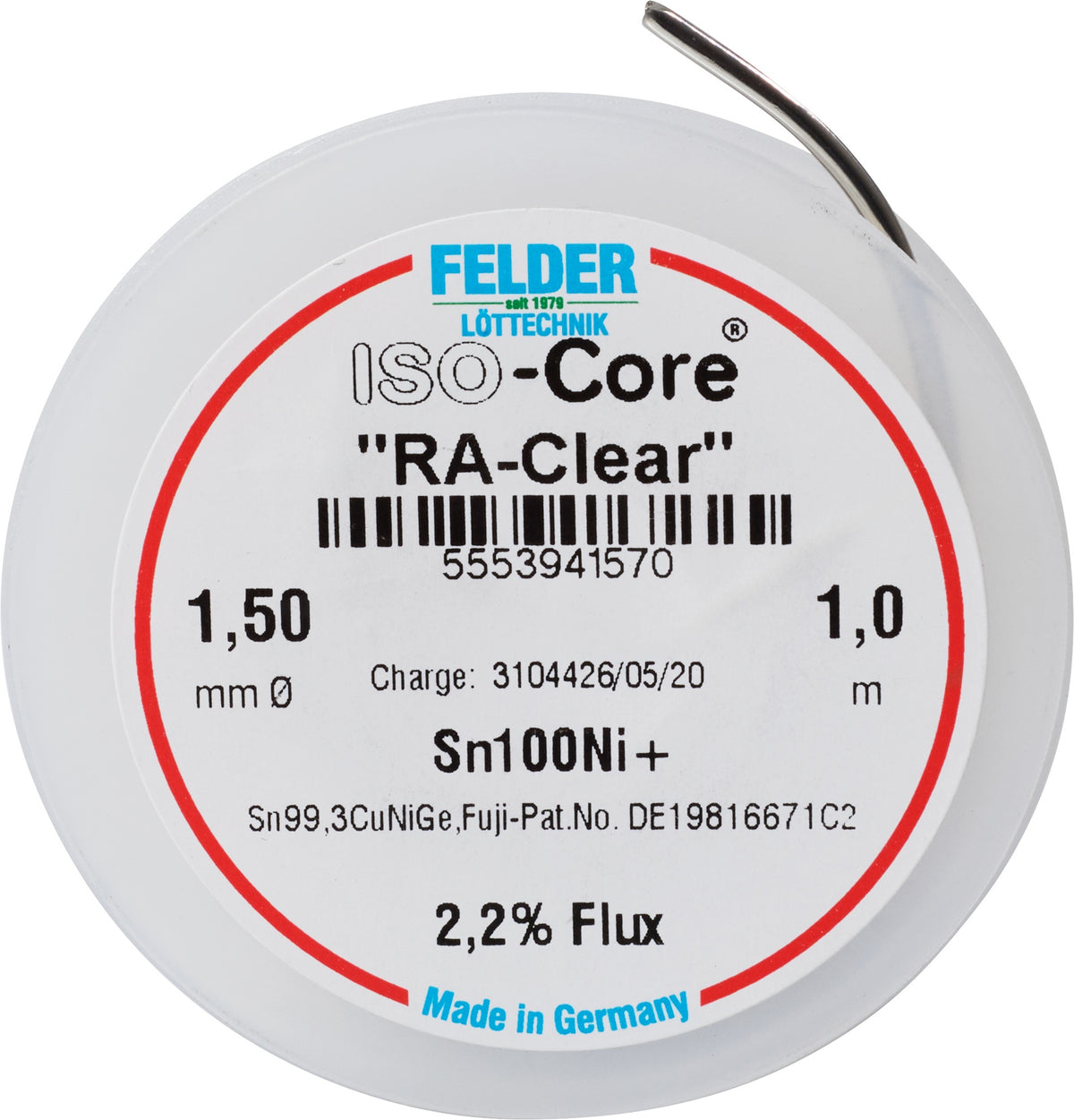 FELDER Lötdraht ISO-Core® RA-Clear 1,5 mm Klappspule 1 m Sn99,3CuNiGe bleifrei