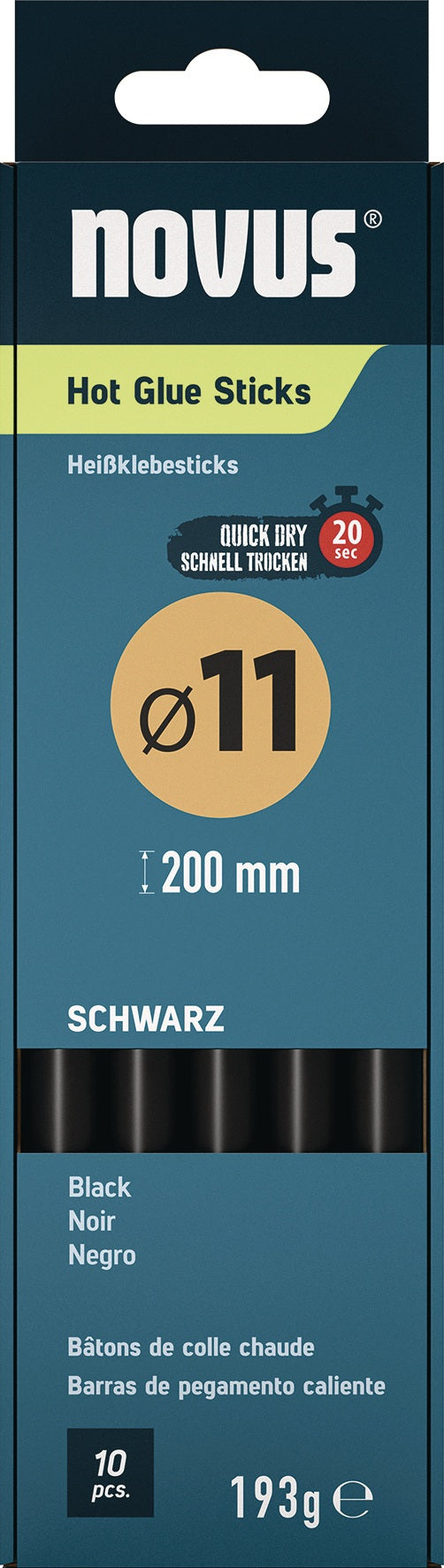 NOVUS Klebesticks 200 mm schwarz, 11 mm Ø, 10 Stück pro Pack – für Heißklebepistolen