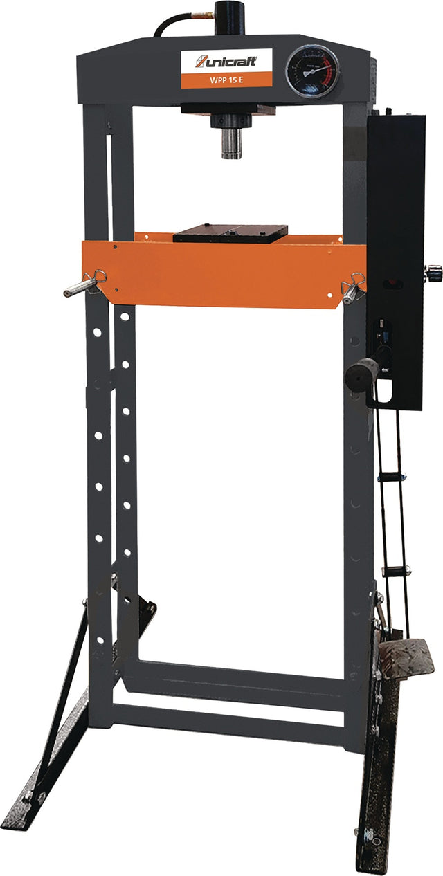 UNICRAFT Werkstattpresse WPP 15 E – 15 t Presskraft, 160 mm Kolbenhub, höhenverstellbarer Tisch