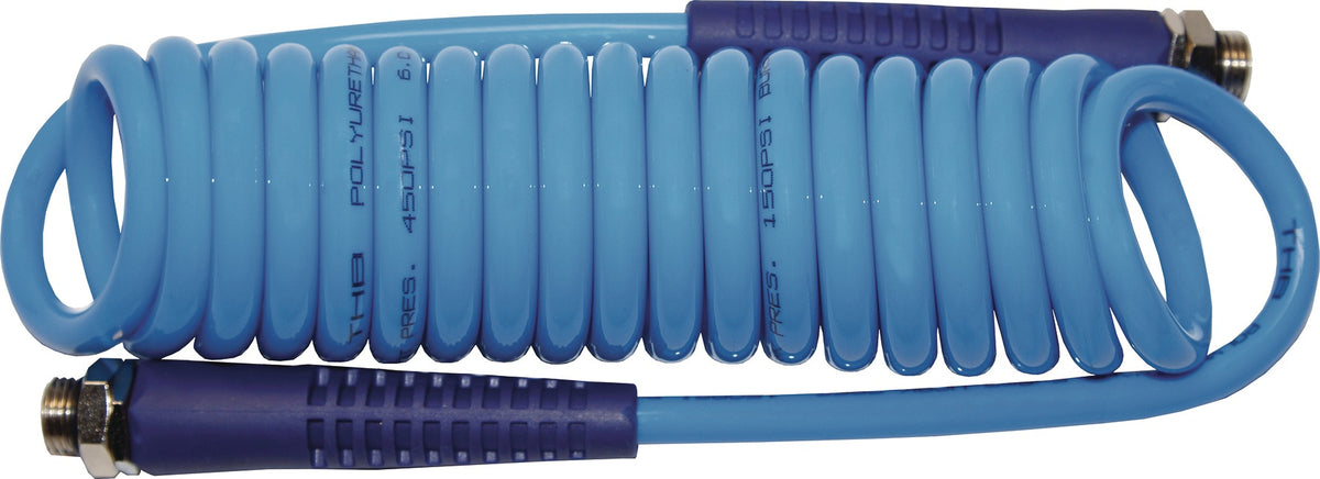 AEROTEC Spiralschlauch PRO 5 mm x 8 mm, 3 m, blau, 1/4" AG – Hochflexibler PU-Druckluftschlauch