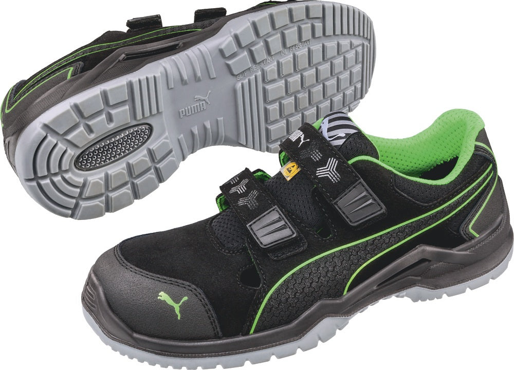 PUMA Sicherheitssandale Neodyme Green Low S1P SRC ESD – Mikrofaser/Mesh, Gr. 40, schwarz/grün