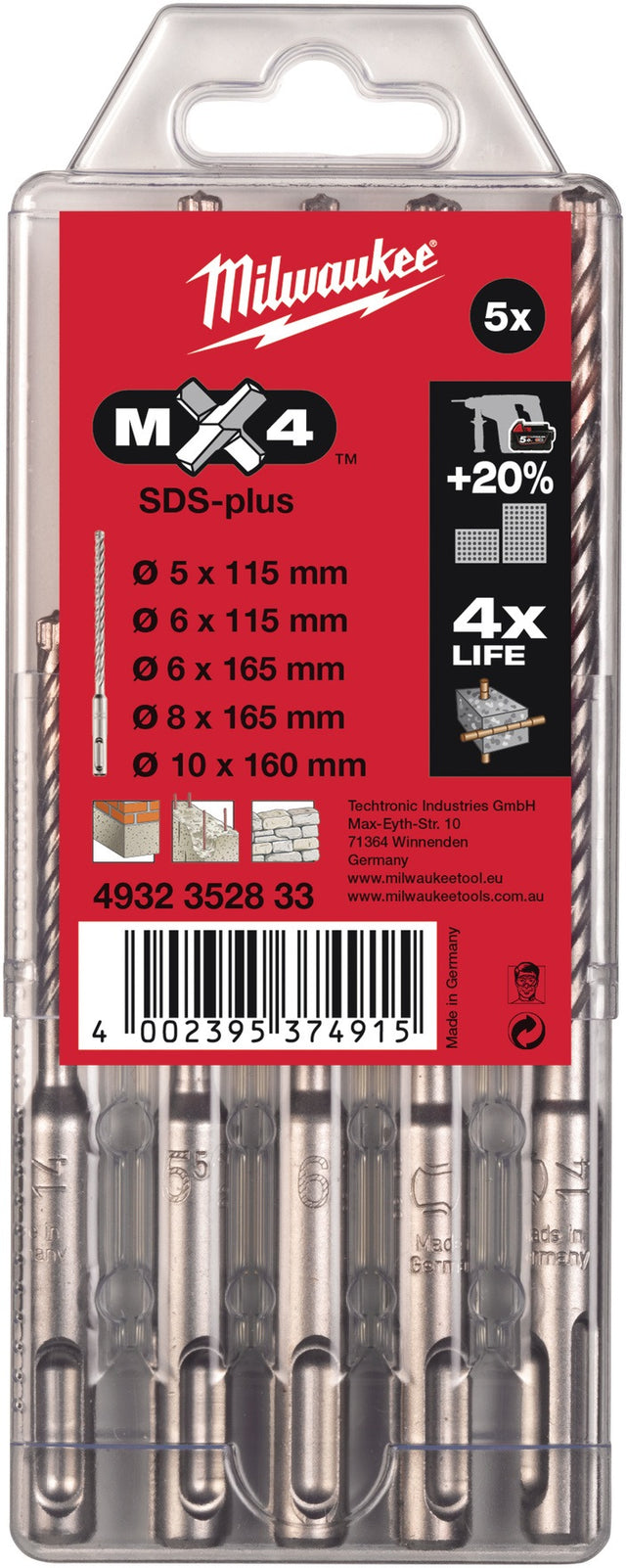 MILWAUKEE Hammerbohrersatz MX4 5-teilig SDS-plus in Kunststoffbox