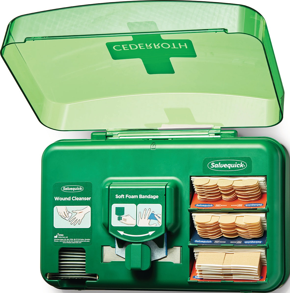 CEDERROTH Pflasterspender Plus – Befüllter Wundversorgungsspender mit 40 Textilpflastern, 21 XL-Pflastern, 45 Plastikpflastern, Soft Foam Bandage und 40 Wundreinigungstüchern