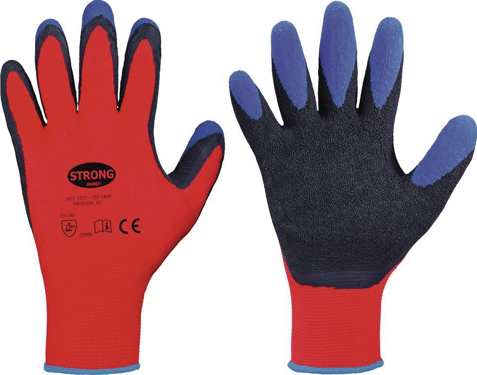 STRONGHAND Tip Grip Handschuhe Gr. 9 rot/schwarz/blau EN 388 PSA II – 12 Paar