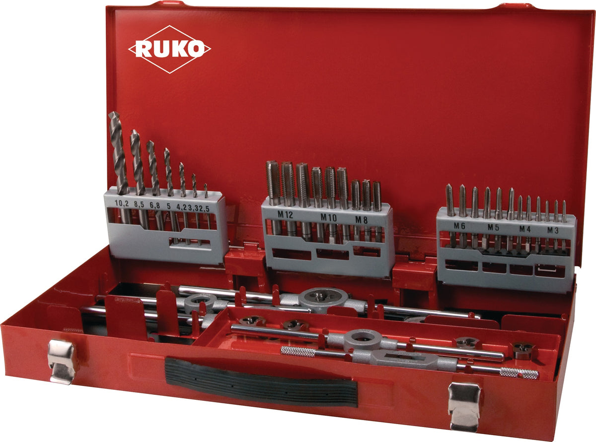 RUKO Gewindeschneidzeugsatz M3-M12 44-teilig HSS für Durchgangs- und Sacklochgewinde