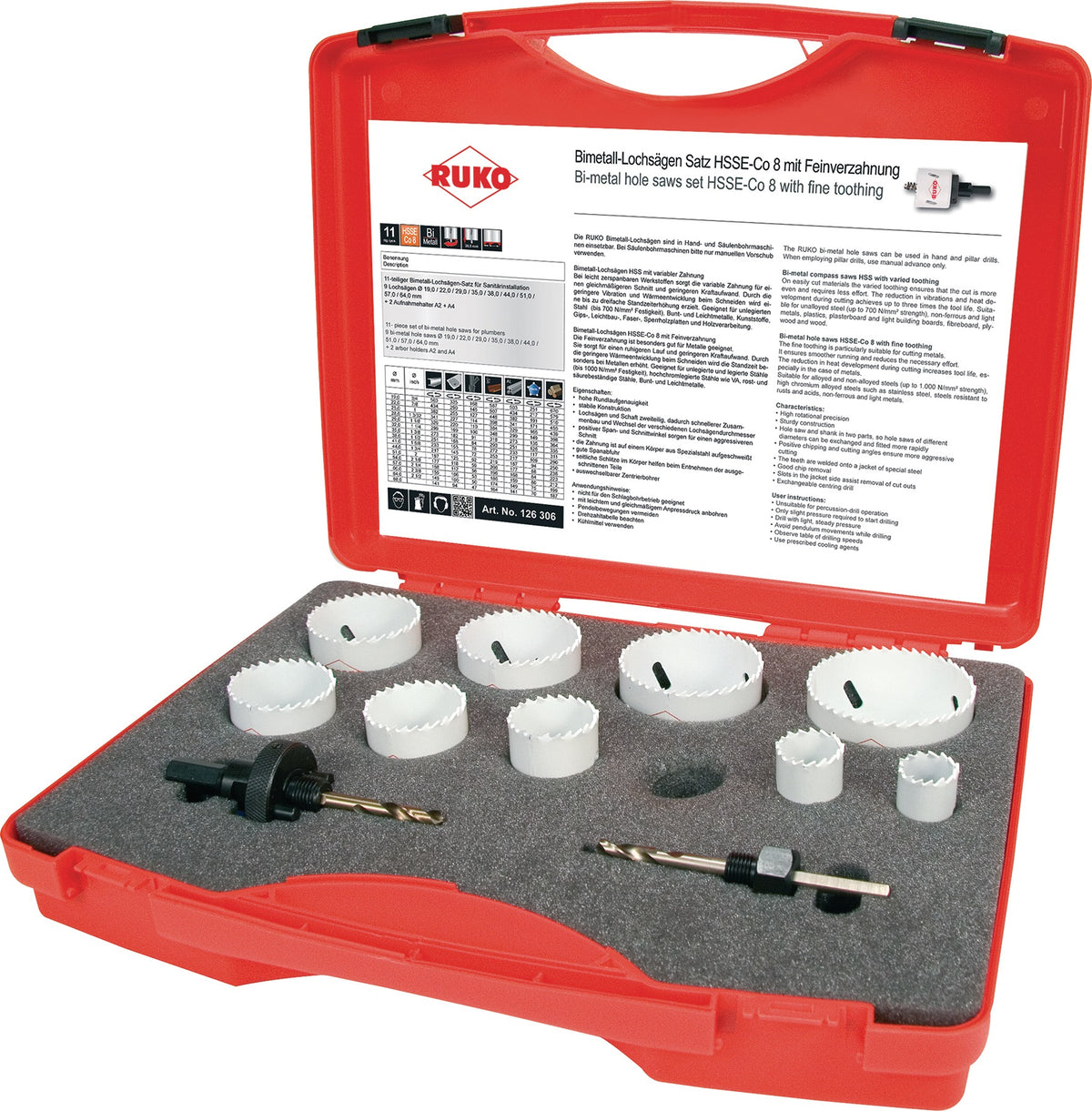 RUKO Lochsägensatz 8-teilig 22-68 mm HSSE-Co8-Bi-Metall für Sanitär