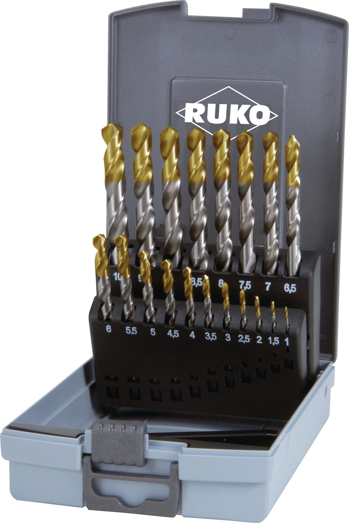 RUKO Spiralbohrersatz DIN 338 Typ N HSS TiN-kopfbeschichtet 19-teilig 1-10 mm