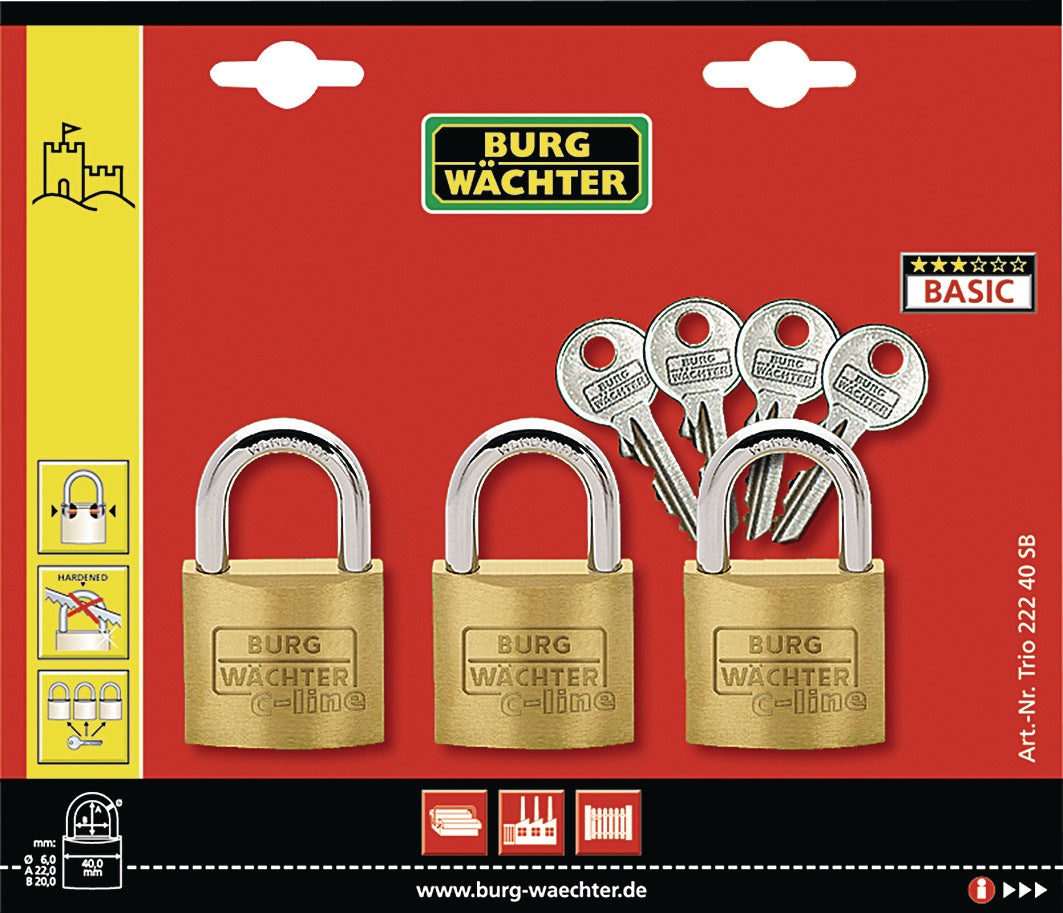 BURG-WÄCHTER Vorhangschloss-Set Duo 222 40 mit 4 Schlüsseln, gleichschließend, 5er-Pack