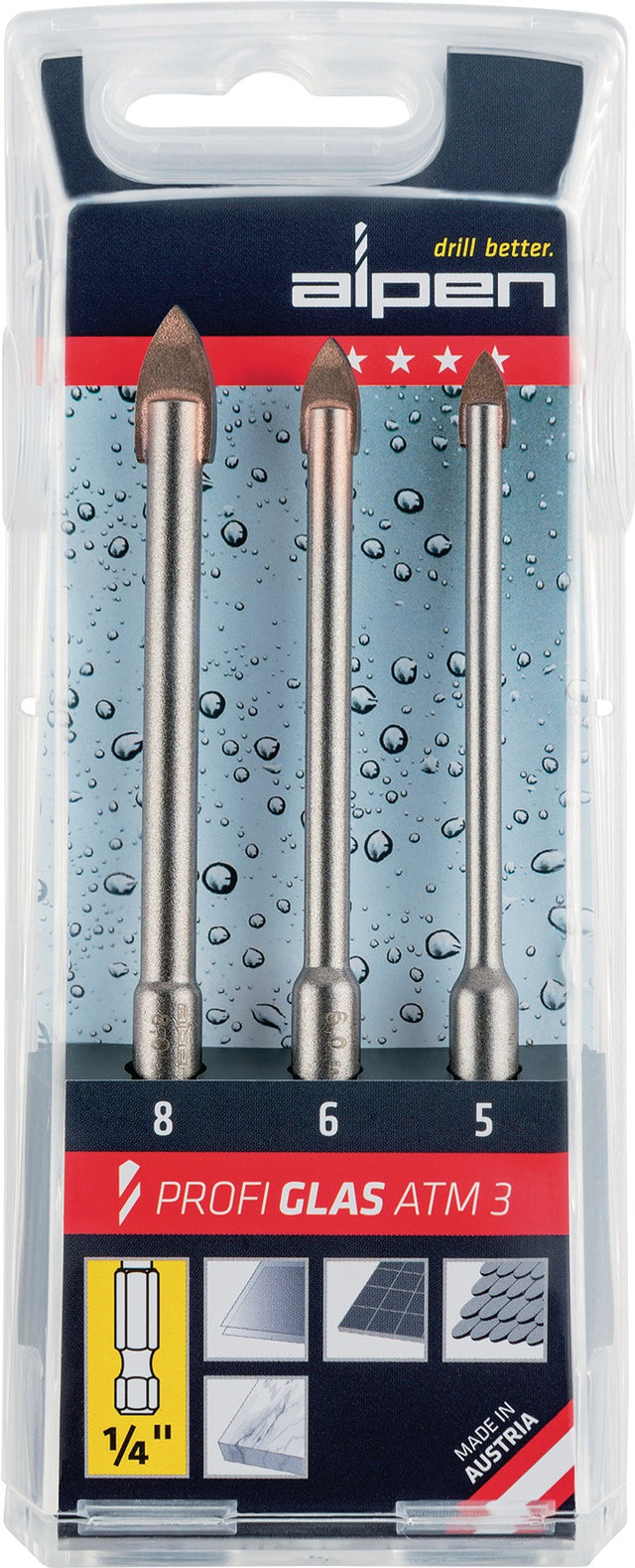 ALPEN Glasbohrersatz Profi Glas ATM3 3-tlg. Ø 5/6/8 mm 6-kant Schaft