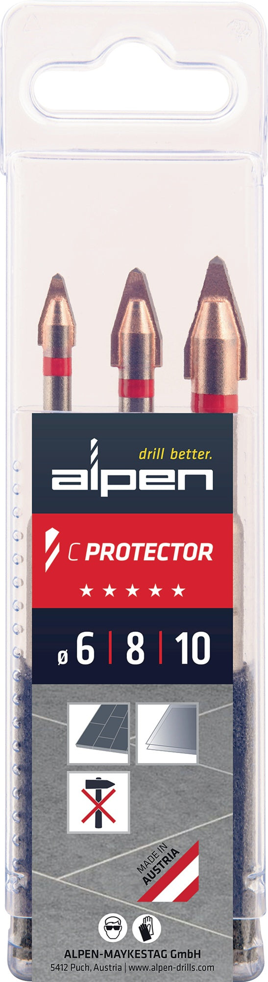 ALPEN Fliesenbohrersatz C PROTECTOR 3-tlg. Ø 6/8/10 mm für Feinsteinzeug, Glas und Porzellan