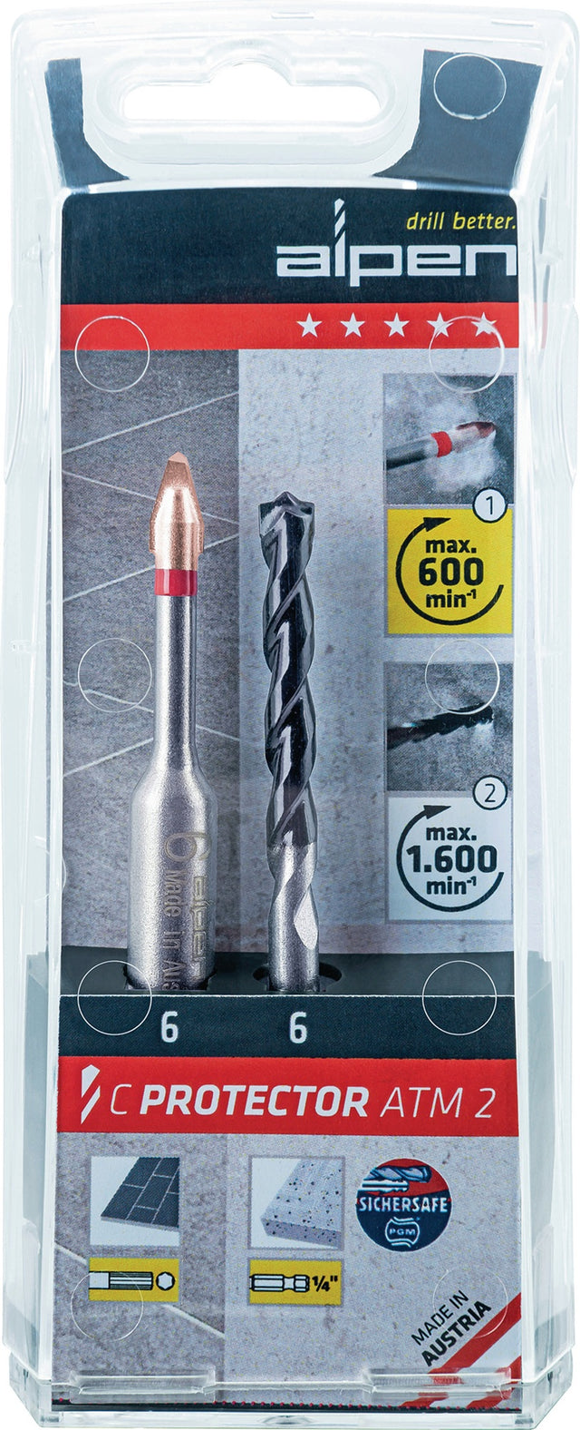 ALPEN Feinsteinzeugfliesenbohrerset C PROTECTOR Ø 6 mm, 2-teilig für Härte 9